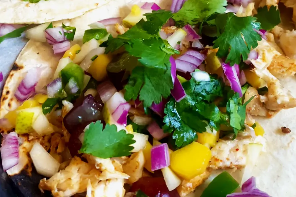 Spicy fish tacos with pear mango salsa 