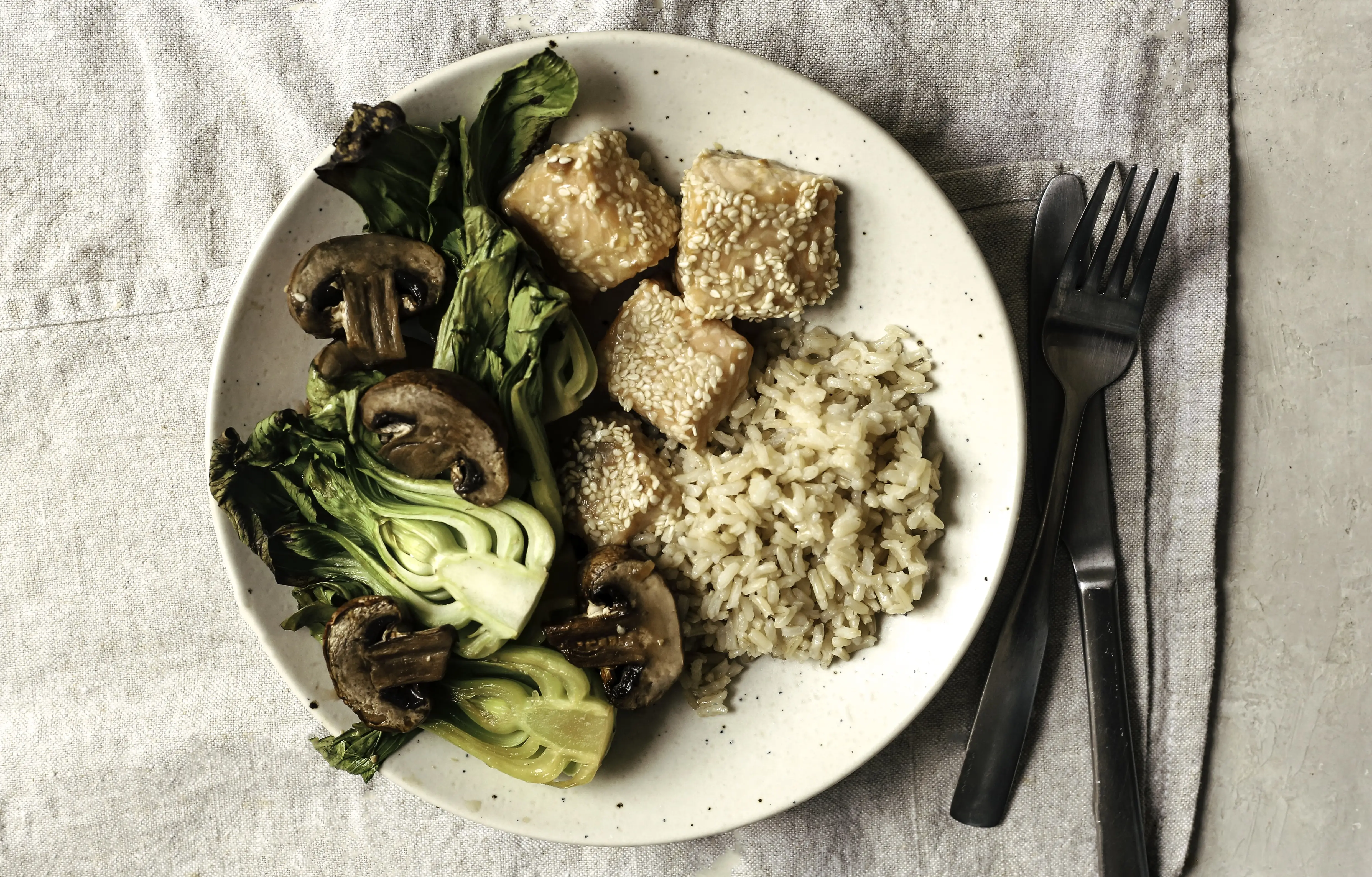 Sesame miso salmon with mushrooms and bok choy