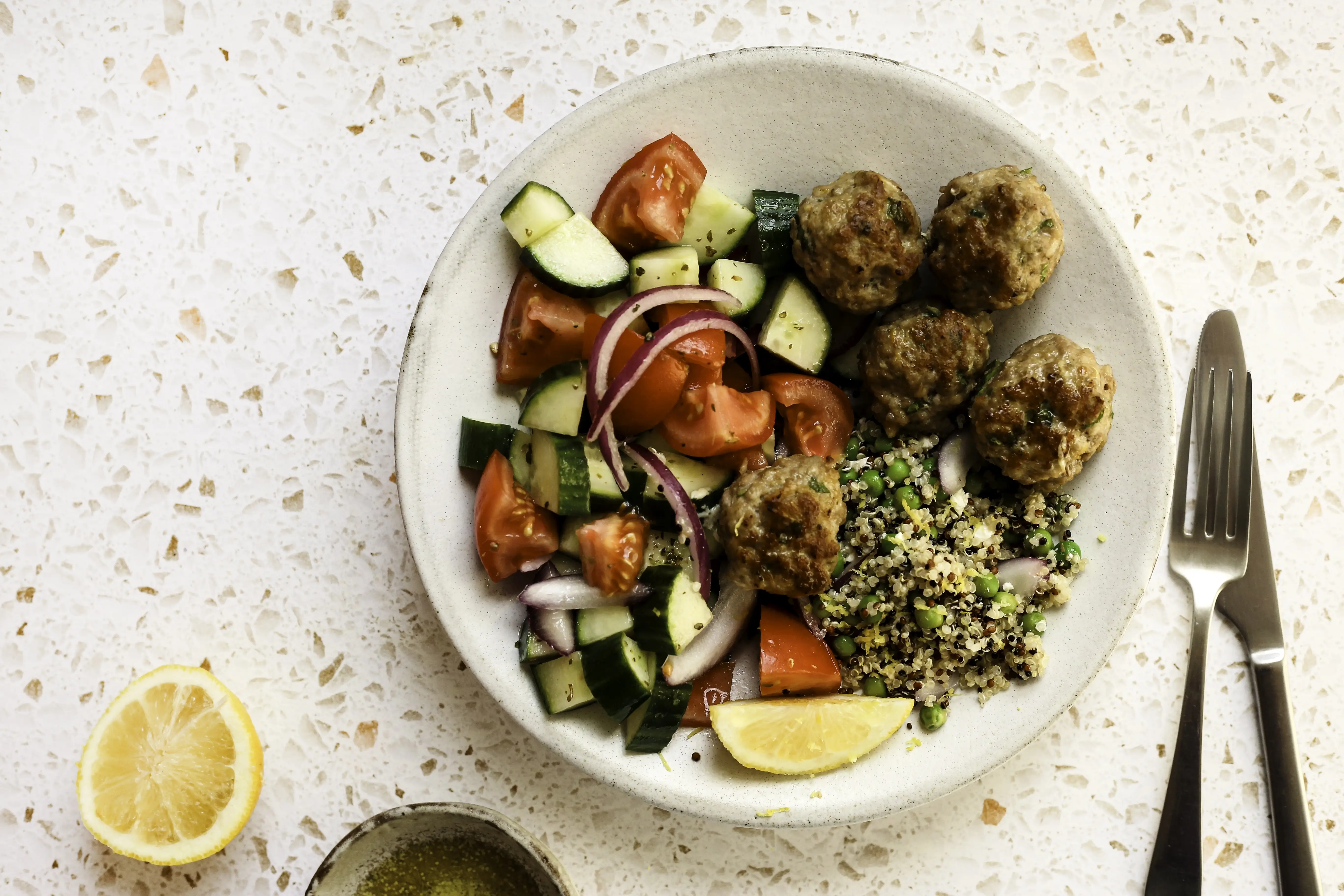Greek meatballs with quinoa feta pilaf
