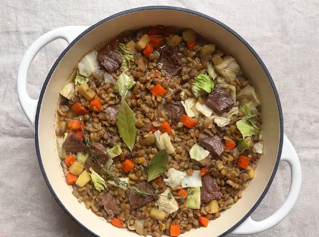 Hearty beef, barley & mushroom soup