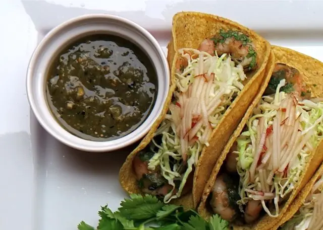 Shrimp tacos with pear and cabbage slaw